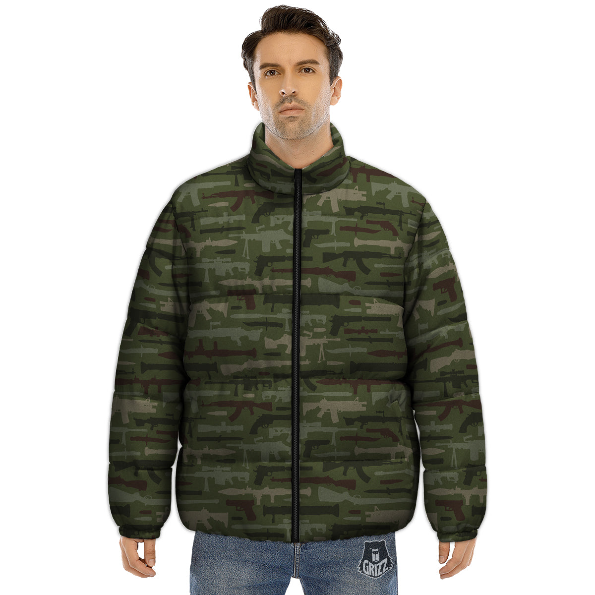 Military Gun Camo Print Puffer Jacket-grizzshop