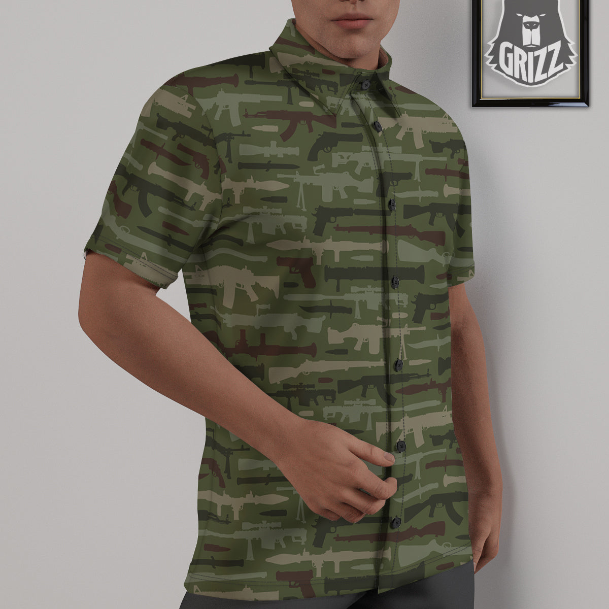 Military Gun Camo Print Untucked Shirts-grizzshop