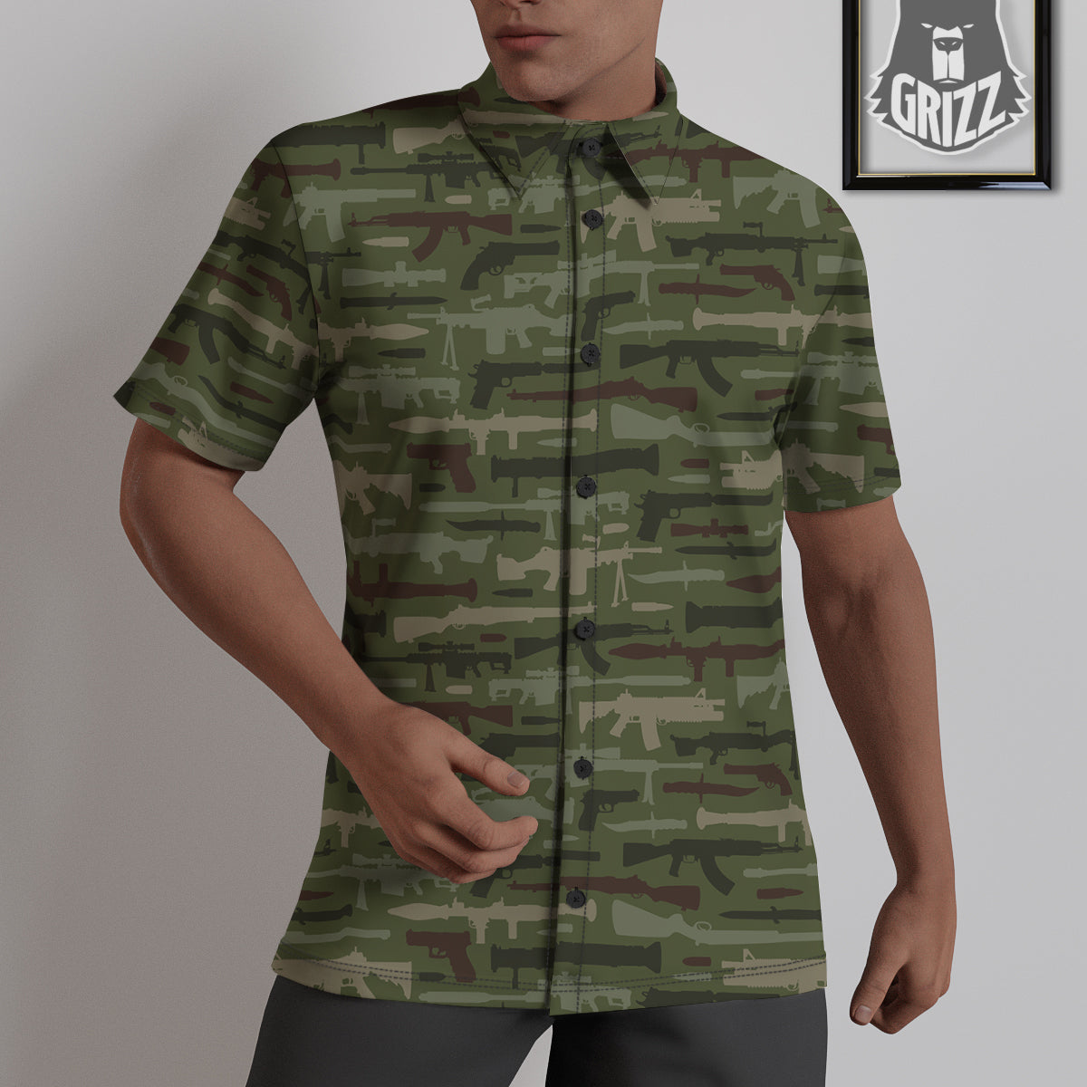 Military Gun Camo Print Untucked Shirts-grizzshop
