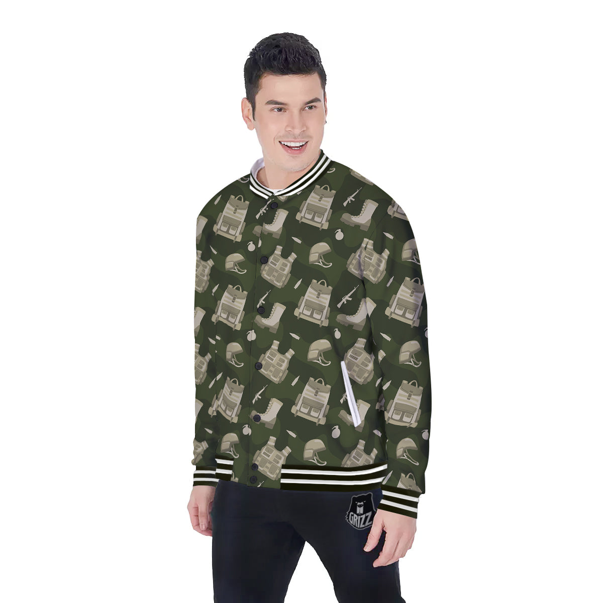 Military Helmet Backpack Print Pattern Baseball Jacket-grizzshop