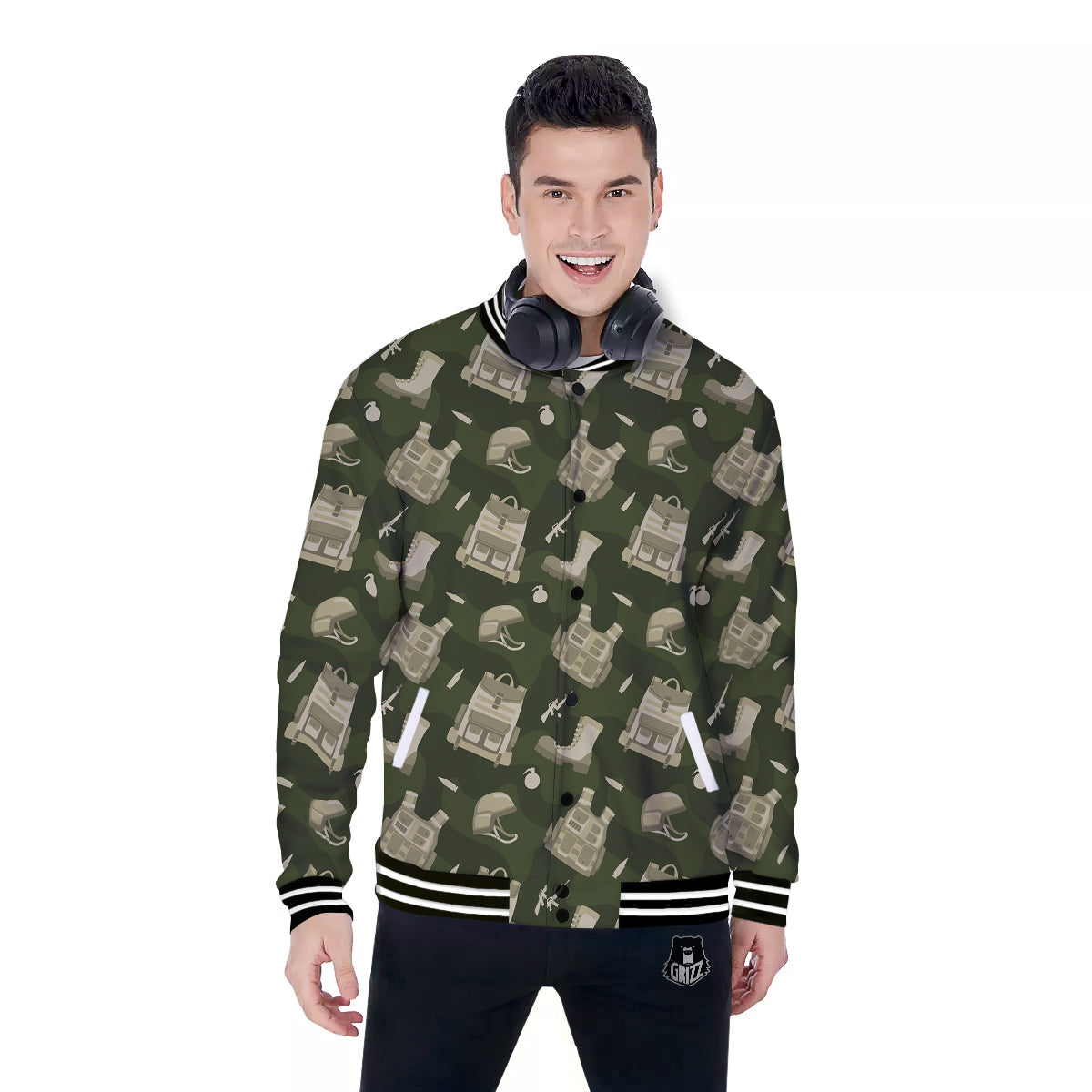 Military Helmet Backpack Print Pattern Baseball Jacket-grizzshop