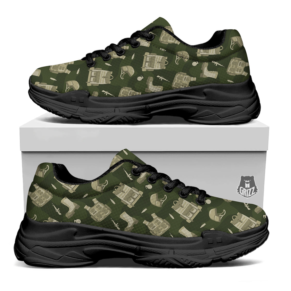 Military Helmet Backpack Print Pattern Black Chunky Shoes-grizzshop