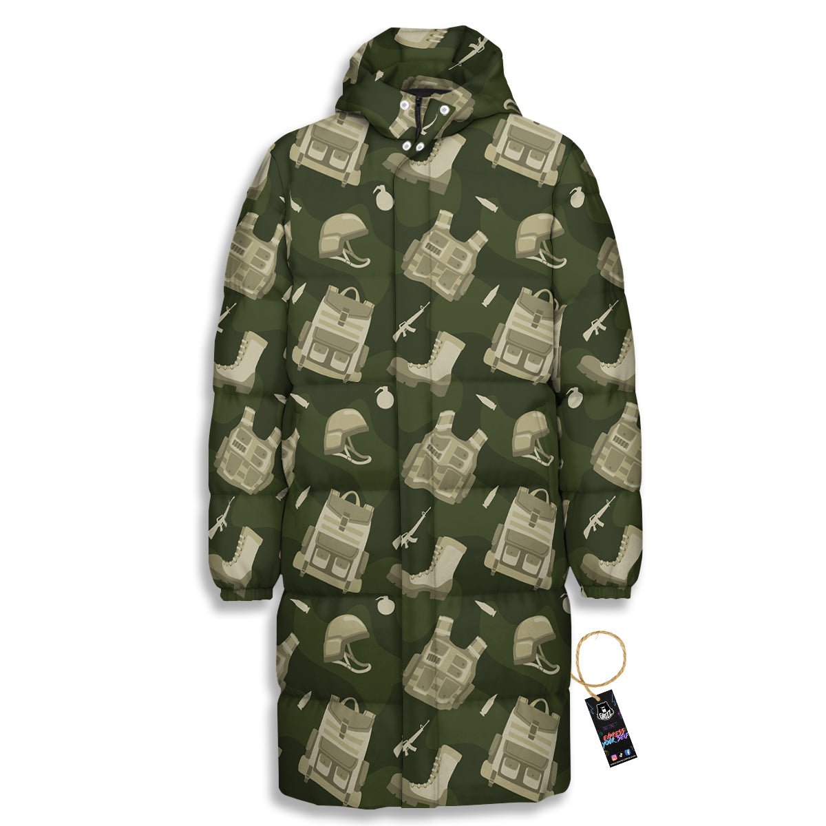 Military Helmet Backpack Print Pattern Long Down Jacket-grizzshop