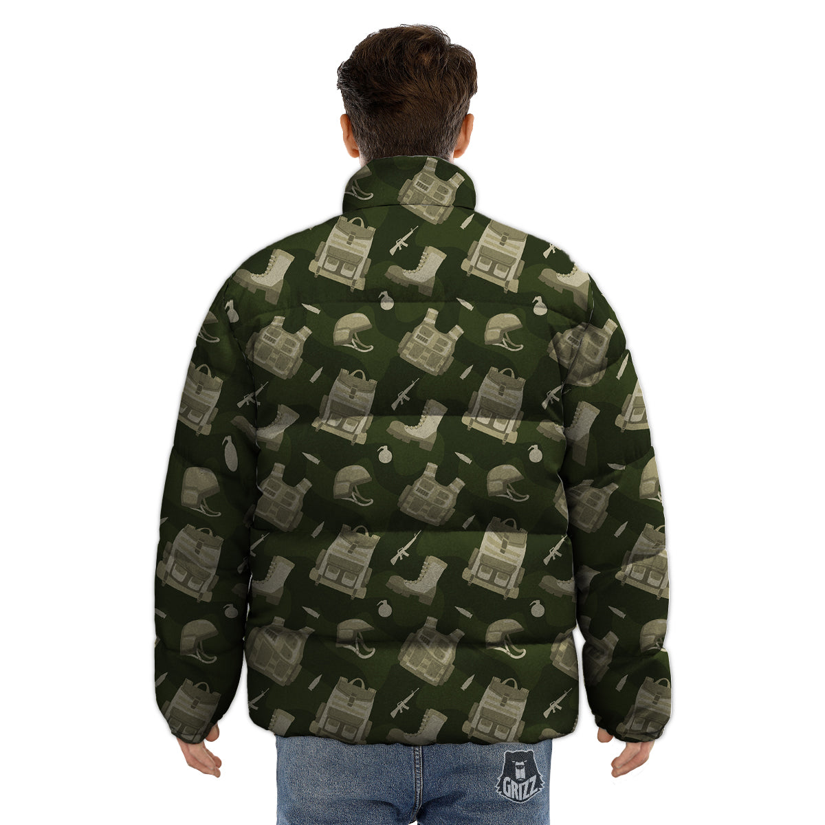 Military Helmet Backpack Print Pattern Puffer Jacket-grizzshop