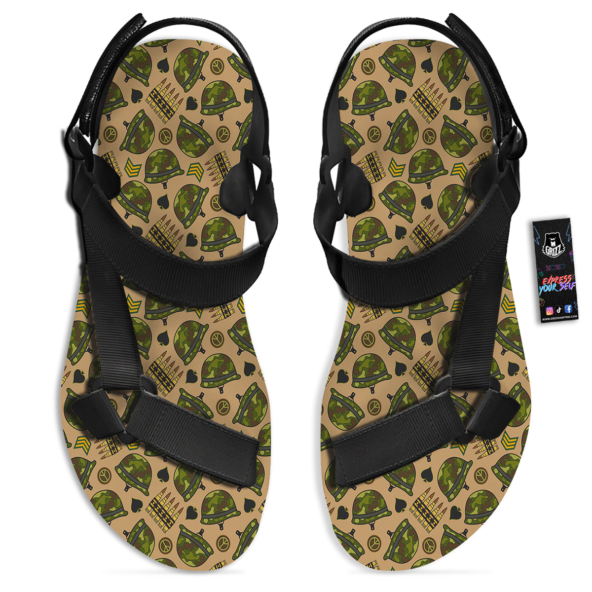 Military USA Print Pattern Black Open Toe Sandals-grizzshop