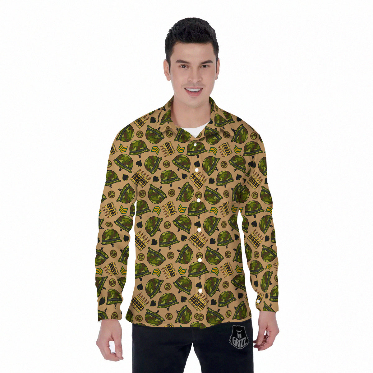 Military USA Print Pattern Men's Long Sleeve Shirts-grizzshop