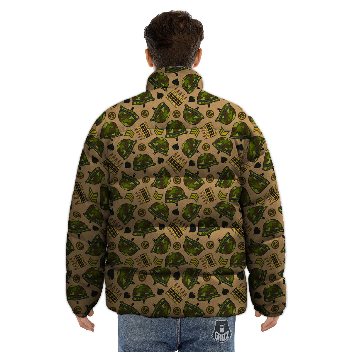 Military USA Print Pattern Puffer Jacket-grizzshop