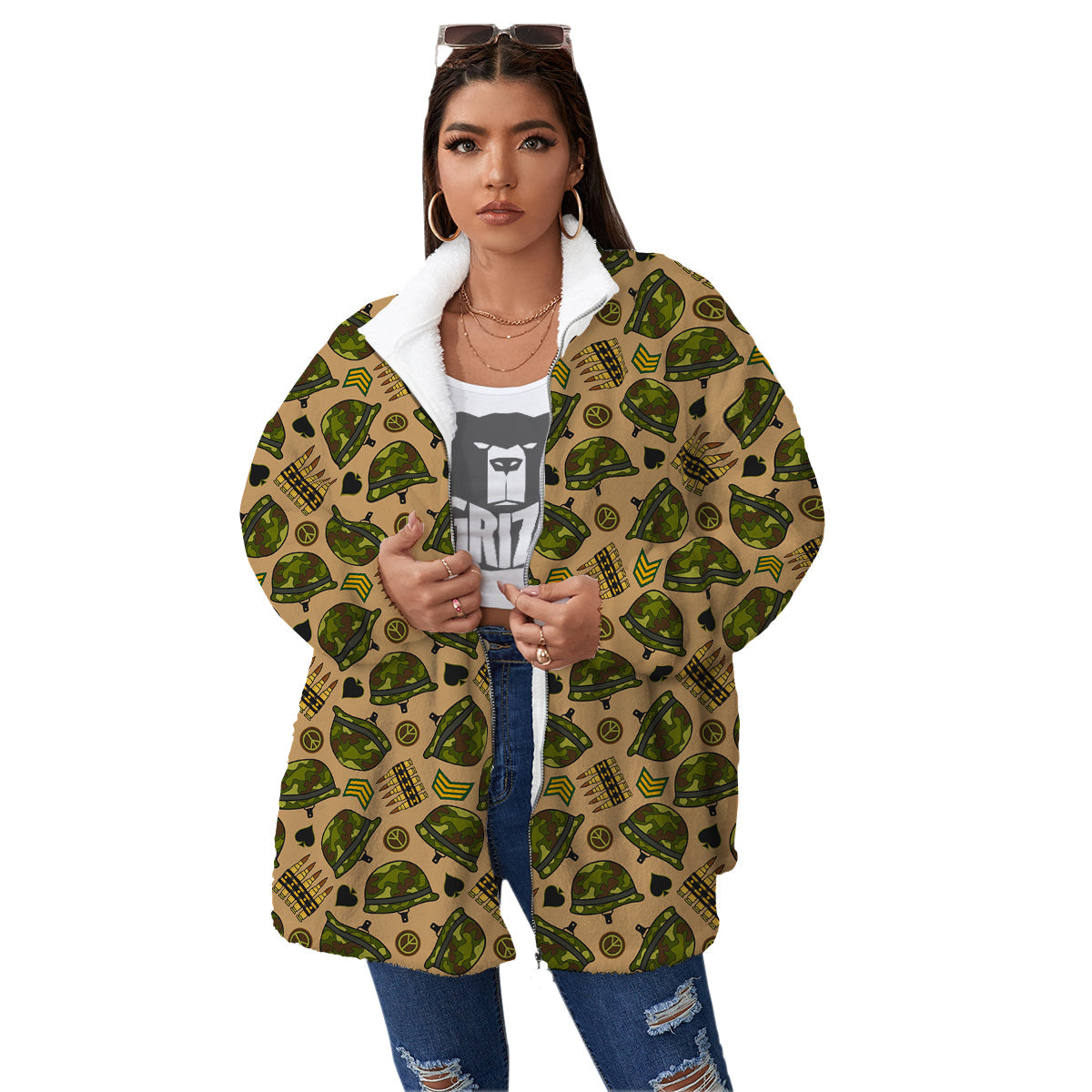 Military USA Print Pattern Women's Sherpa Jacket-grizzshop