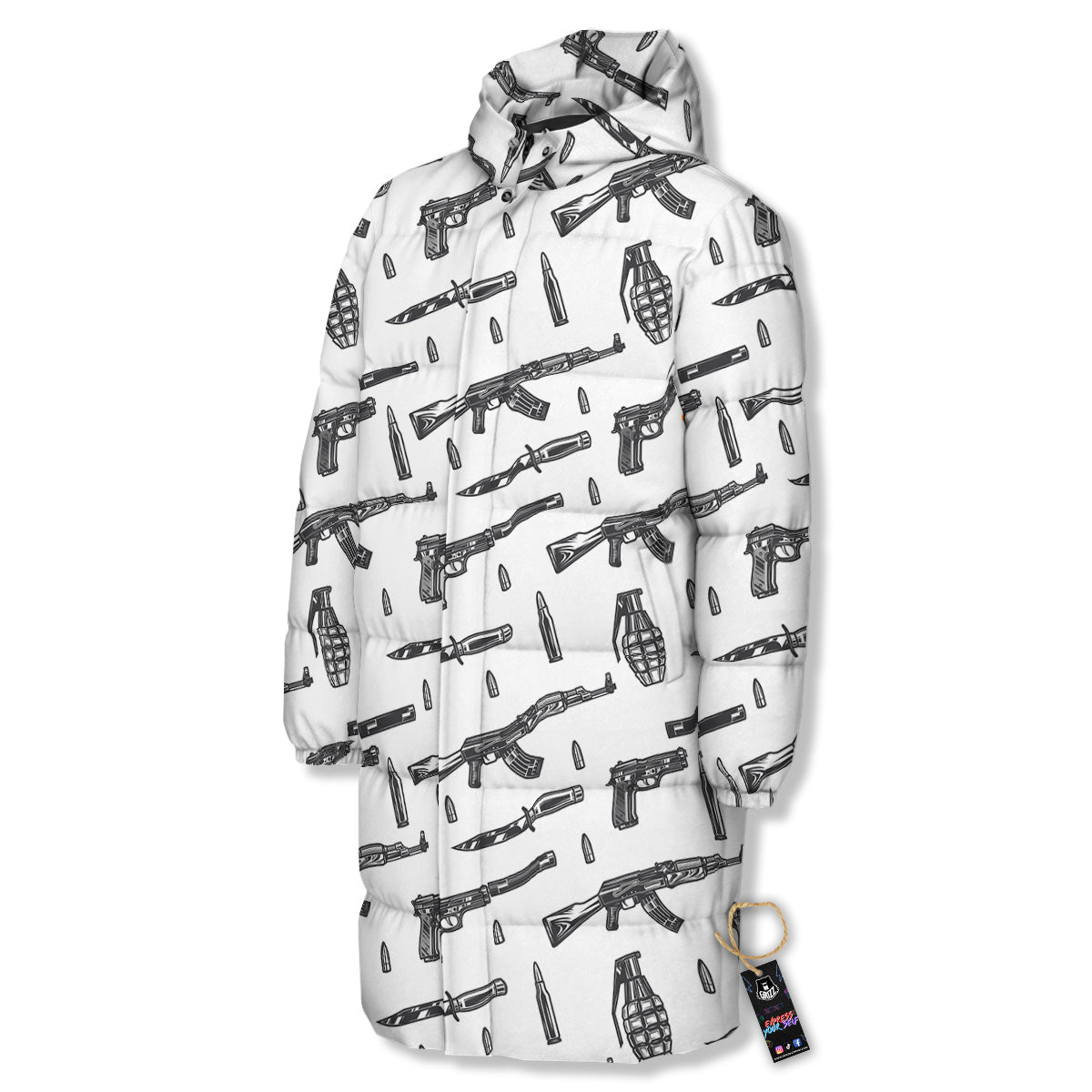 Military Weapon Vintage Print Pattern Long Down Jacket-grizzshop