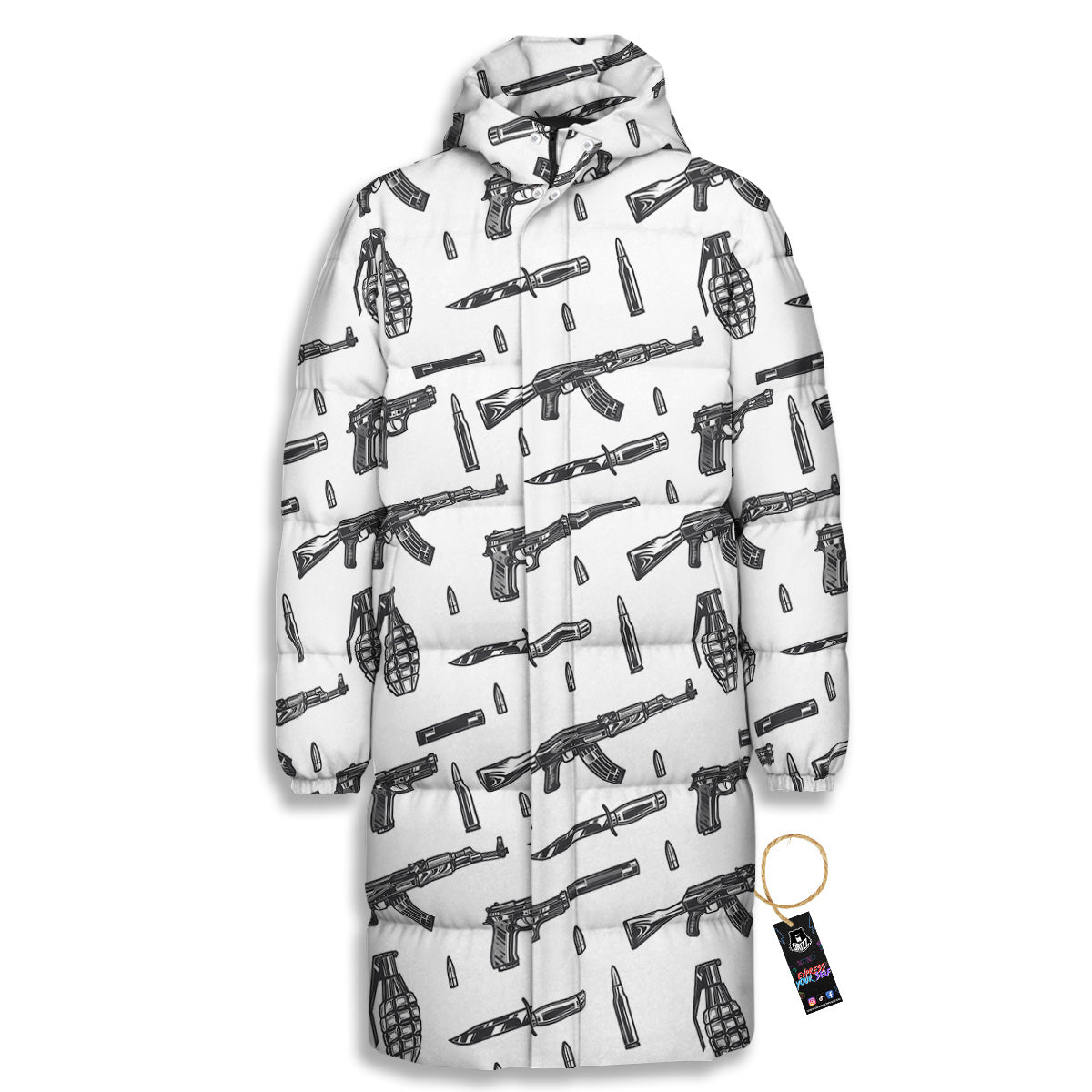 Military Weapon Vintage Print Pattern Long Down Jacket-grizzshop