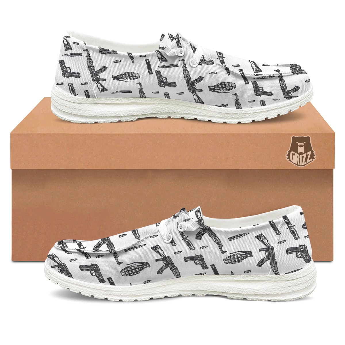 Military Weapon Vintage Print Pattern White Loafers-grizzshop