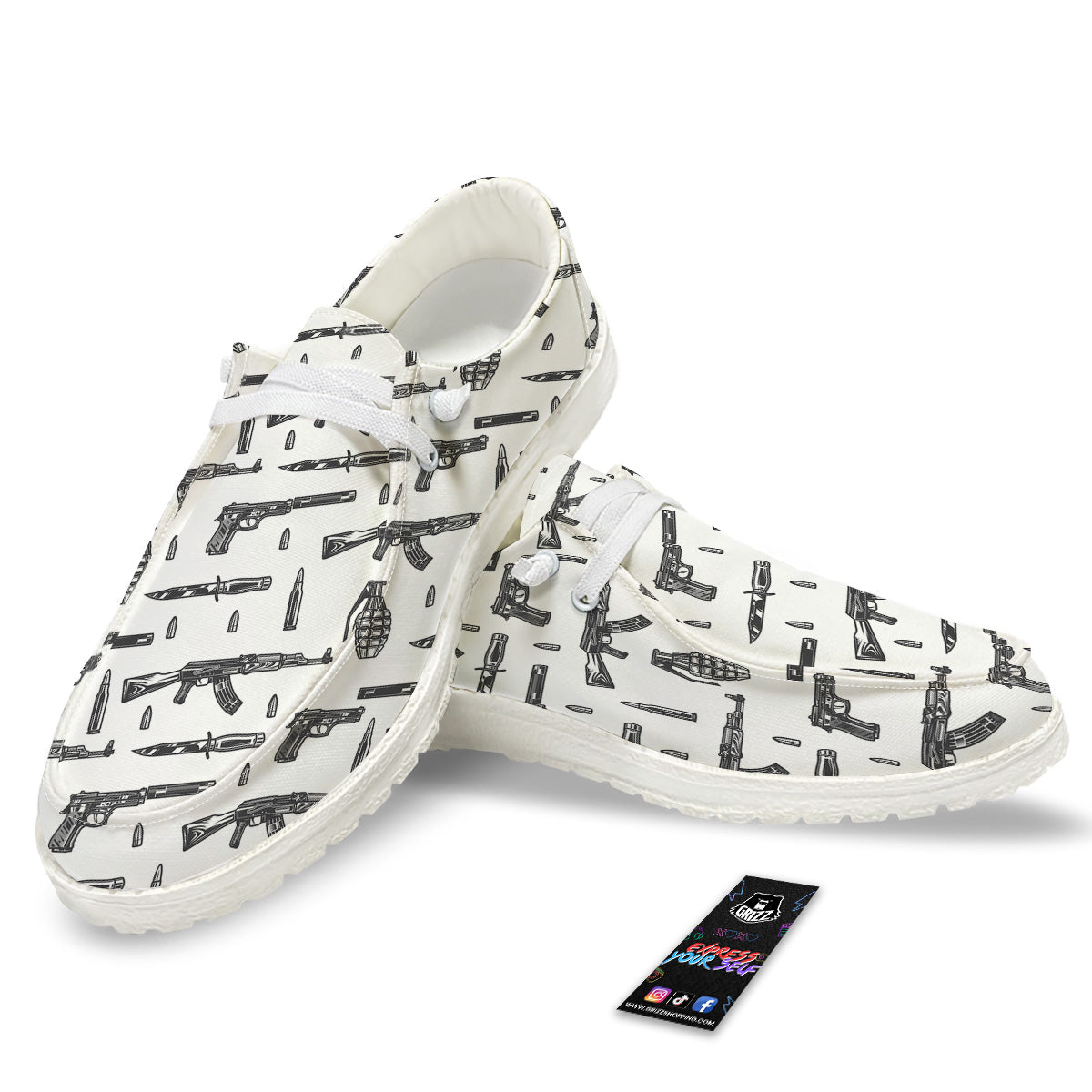 Military Weapon Vintage Print Pattern White Loafers-grizzshop