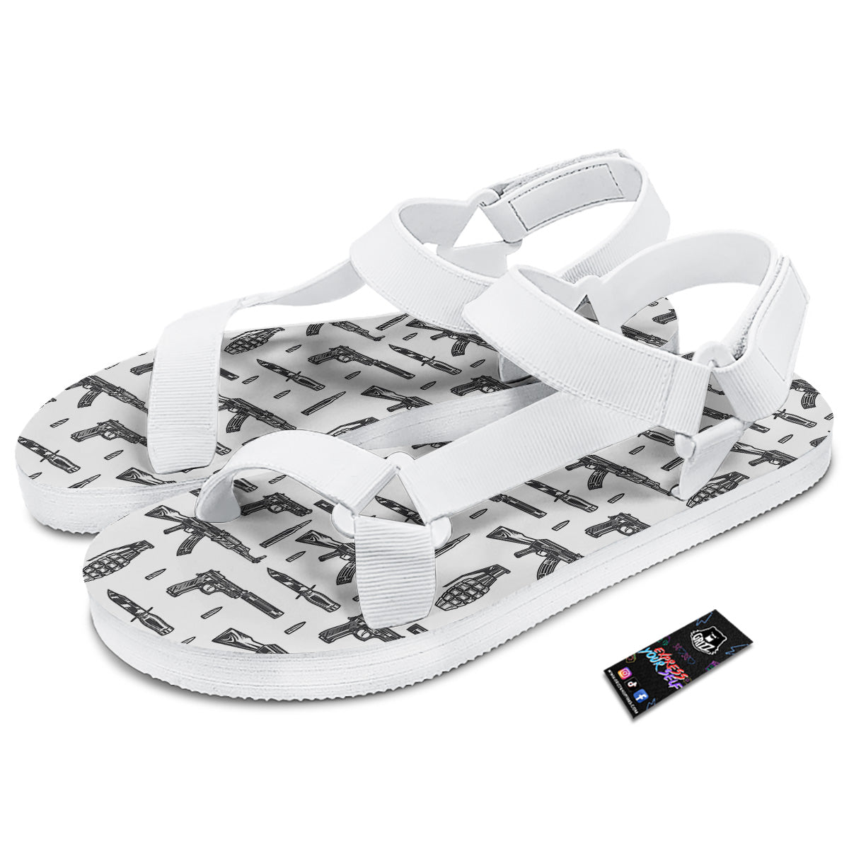 Military Weapon Vintage Print Pattern White Open Toe Sandals-grizzshop