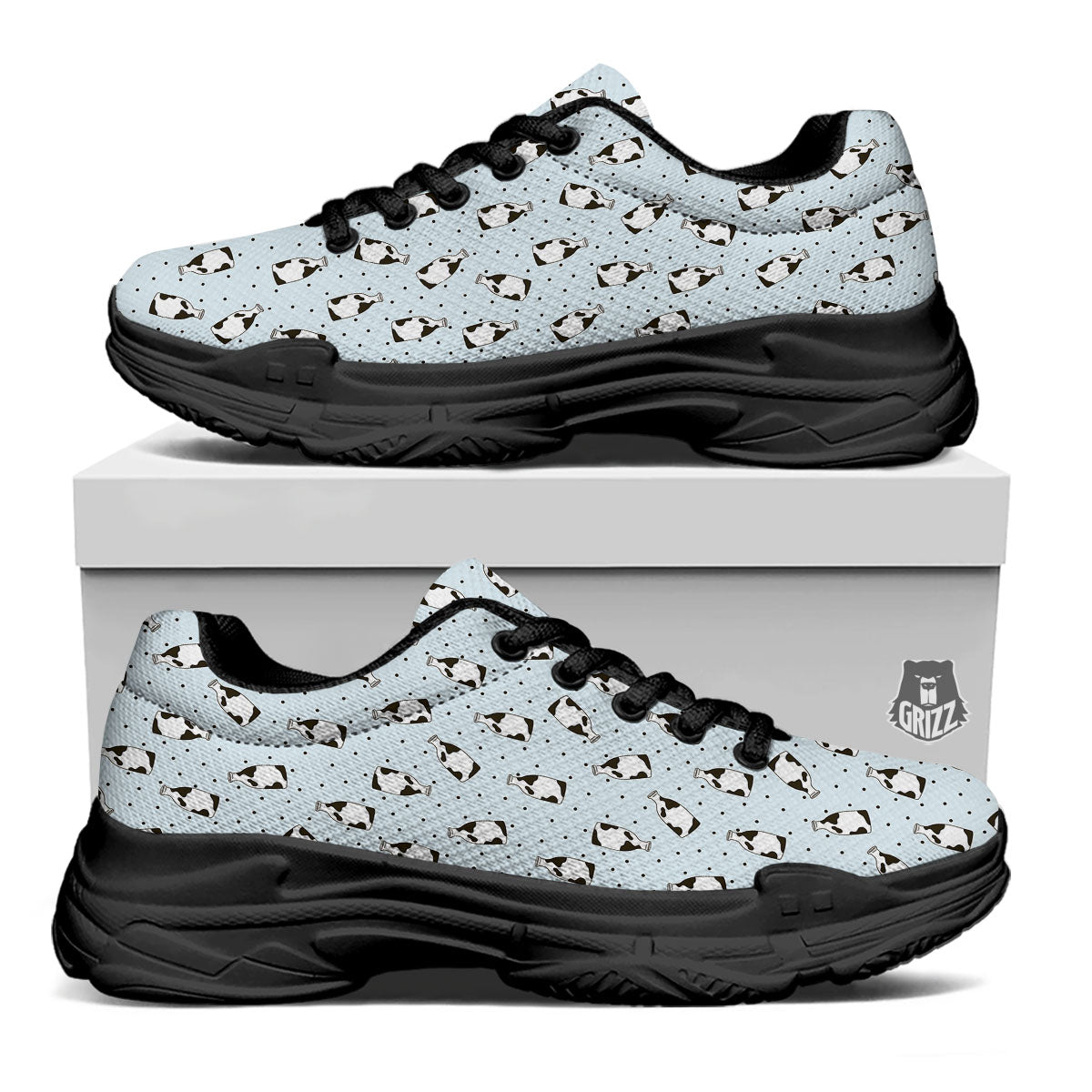 Milk Bottle Cow Print Pattern Black Chunky Shoes-grizzshop