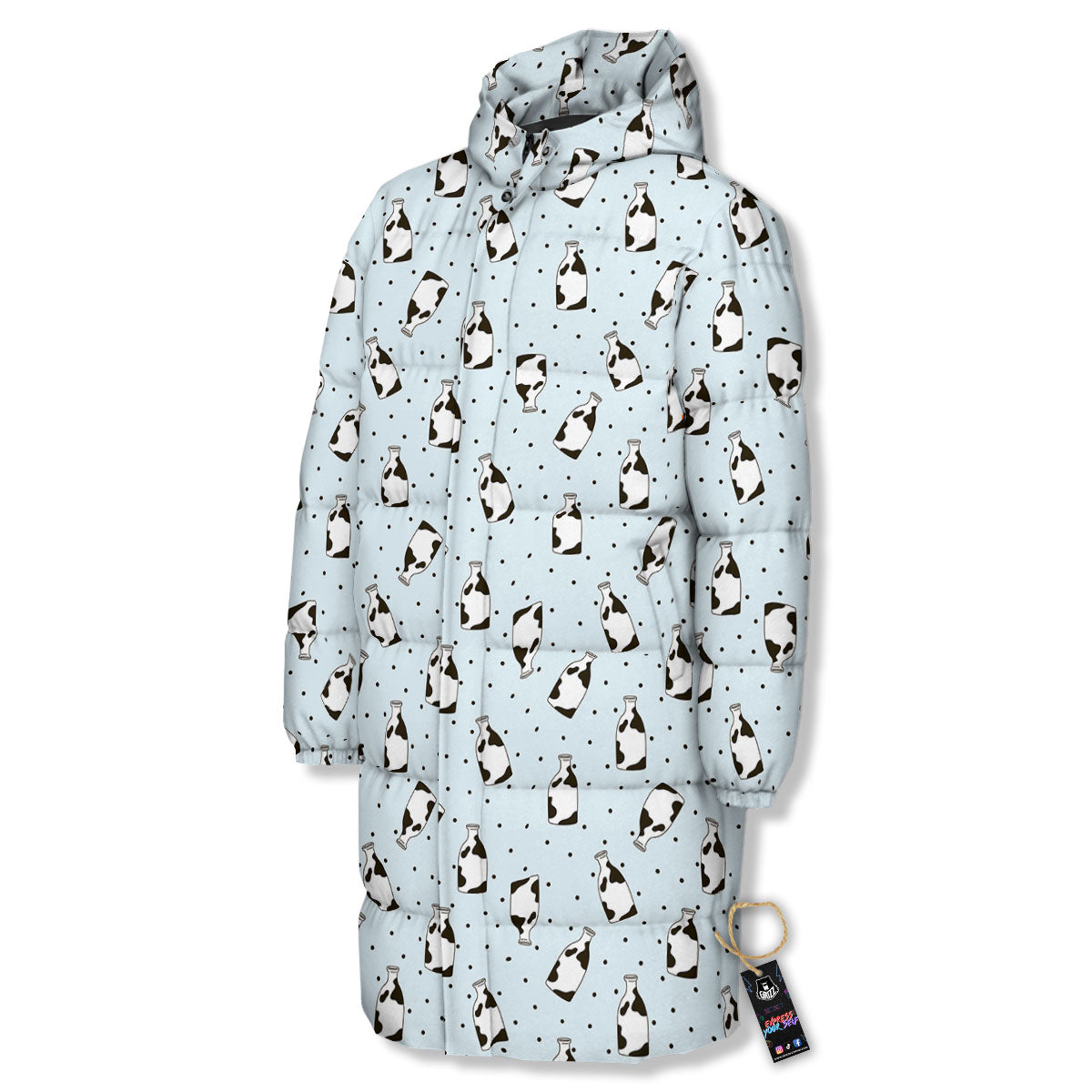 Milk Bottle Cow Print Pattern Long Down Jacket-grizzshop