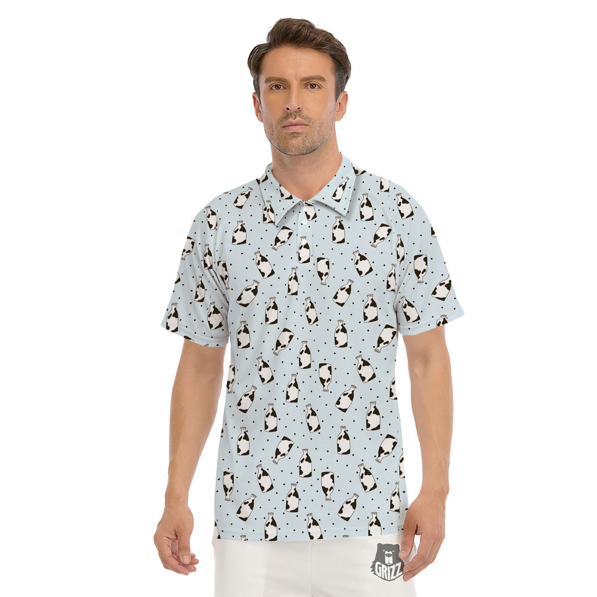 Milk Bottle Cow Print Pattern Men's Golf Shirts-grizzshop