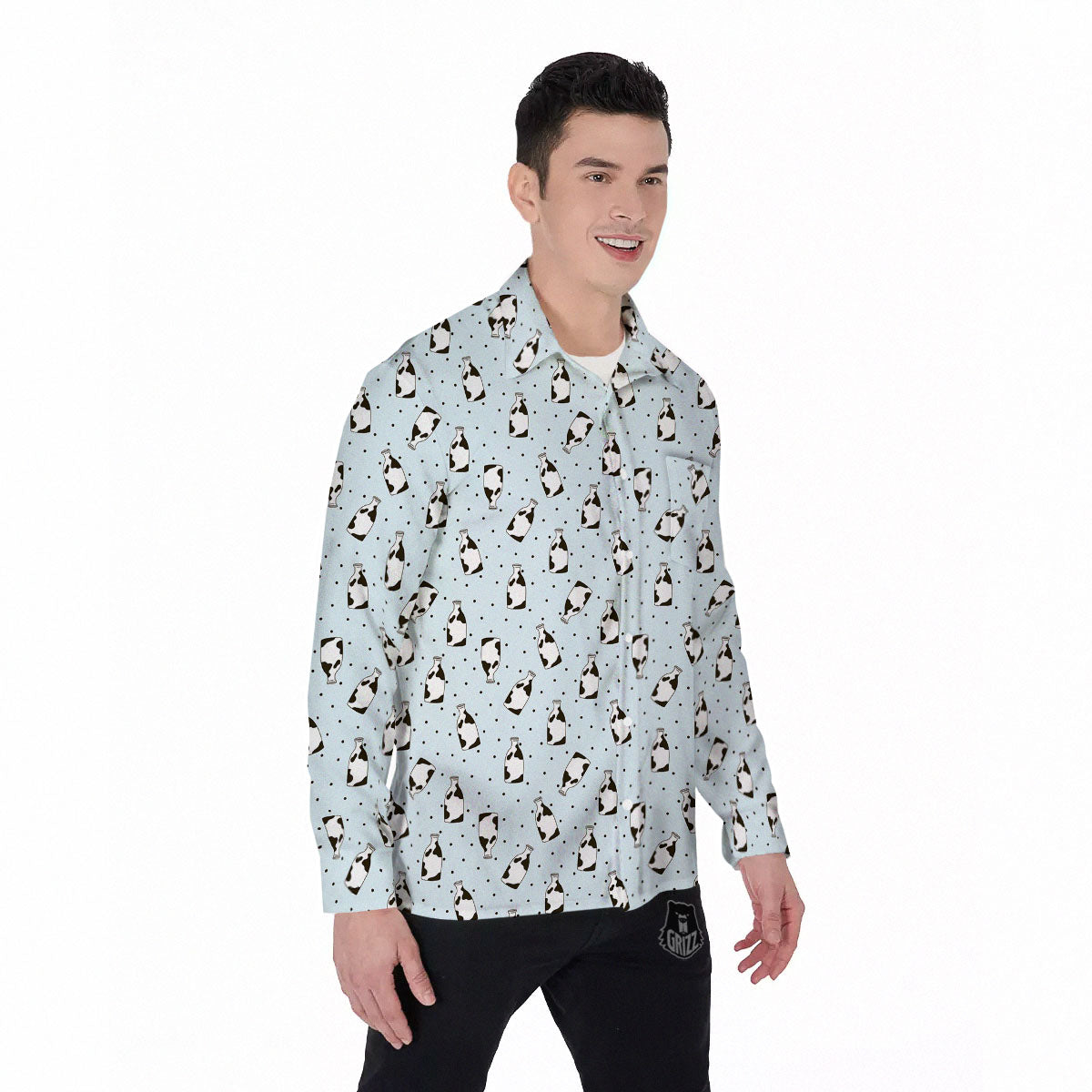 Milk Bottle Cow Print Pattern Men's Long Sleeve Shirts-grizzshop