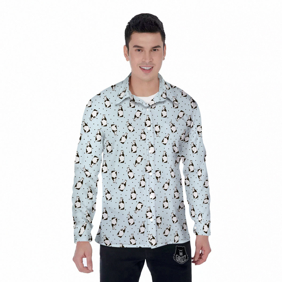 Milk Bottle Cow Print Pattern Men's Long Sleeve Shirts-grizzshop