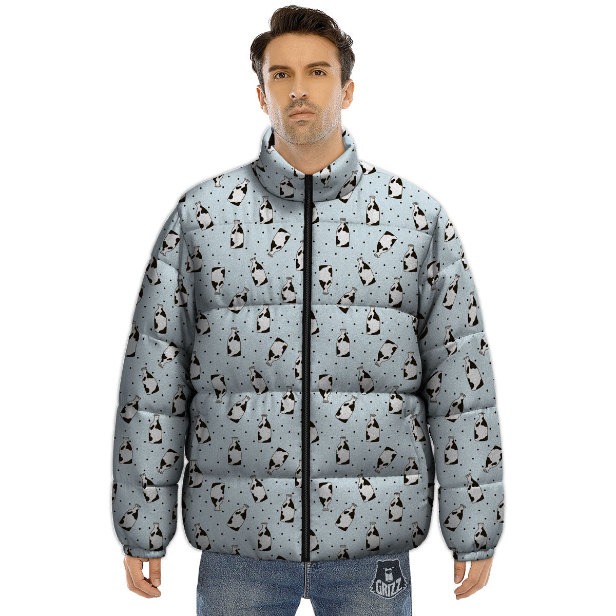 Milk Bottle Cow Print Pattern Puffer Jacket-grizzshop