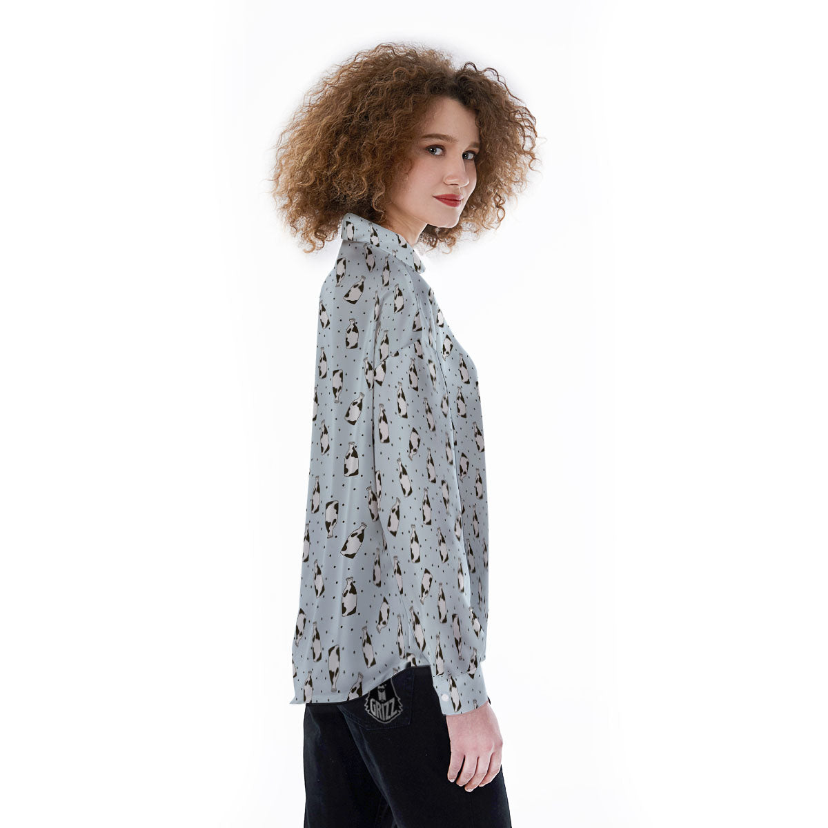 Milk Bottle Cow Print Pattern Women's Long Sleeve Shirts-grizzshop