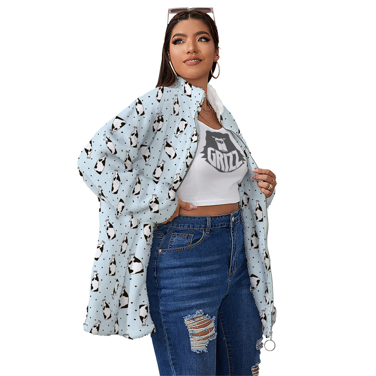 Milk Bottle Cow Print Pattern Women's Sherpa Jacket-grizzshop