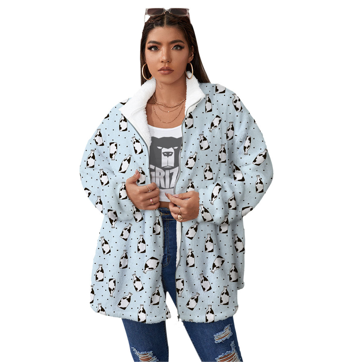 Milk Bottle Cow Print Pattern Women's Sherpa Jacket-grizzshop