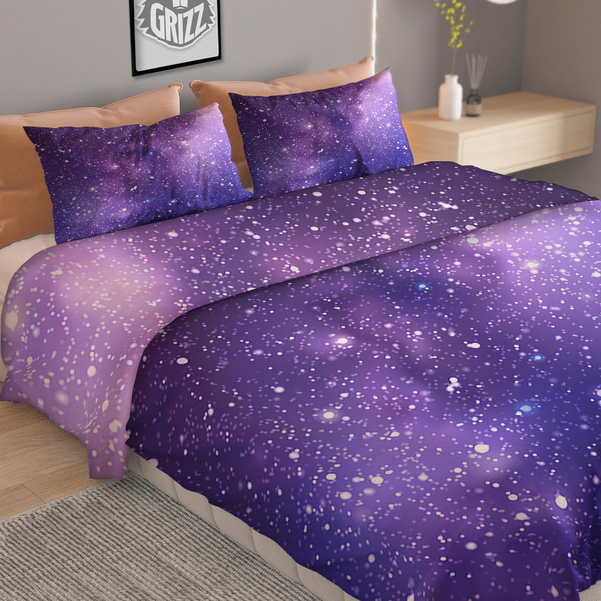 Milky Way Galaxy Space Dark Purple Print Duvet Cover Bedding Set