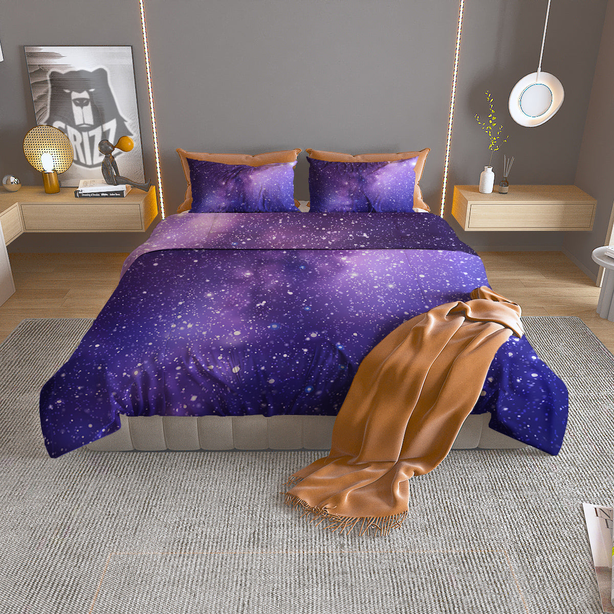 Milky Way Galaxy Space Dark Purple Print Duvet Cover Bedding Set
