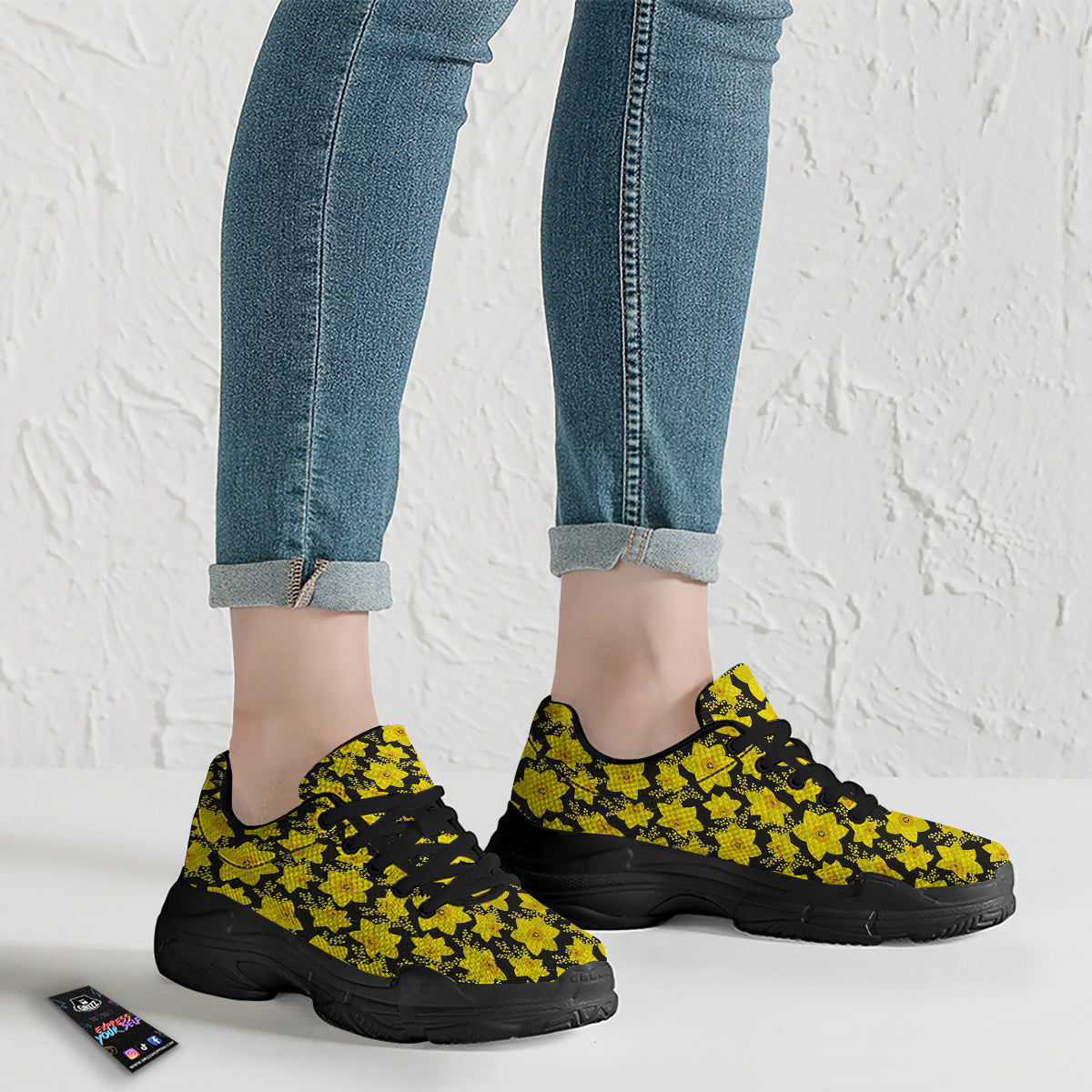 Mimosa And Daffodil Print Pattern Black Chunky Shoes-grizzshop