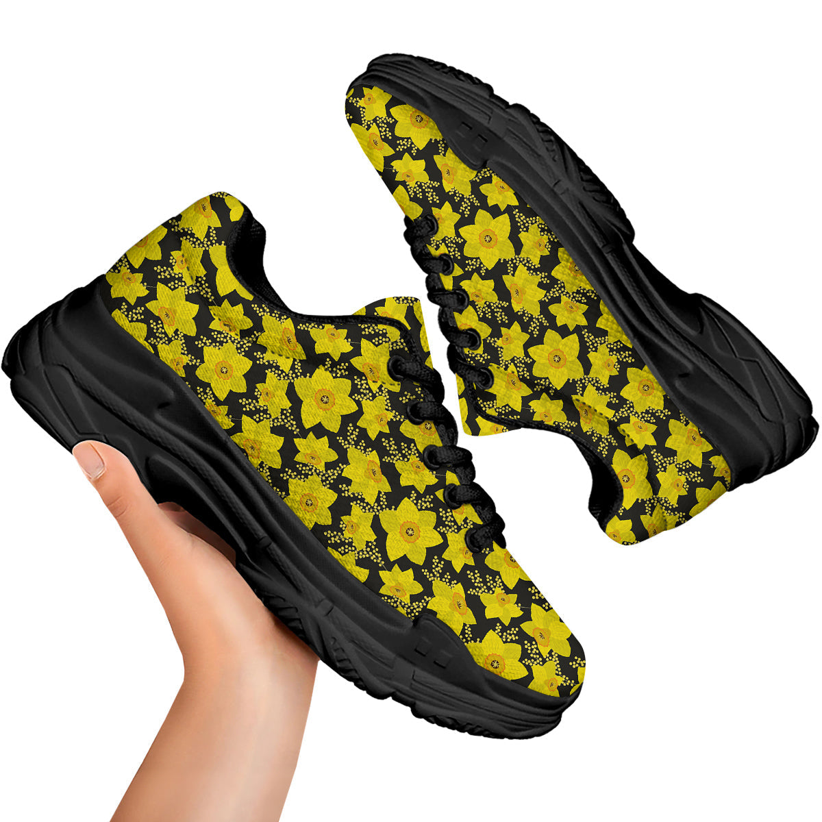 Mimosa And Daffodil Print Pattern Black Chunky Shoes-grizzshop