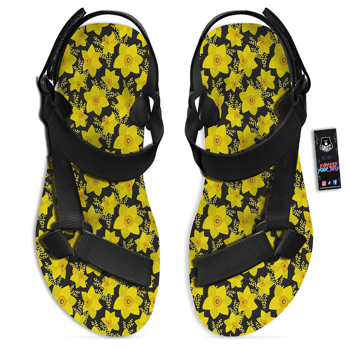 Mimosa And Daffodil Print Pattern Black Open Toe Sandals-grizzshop