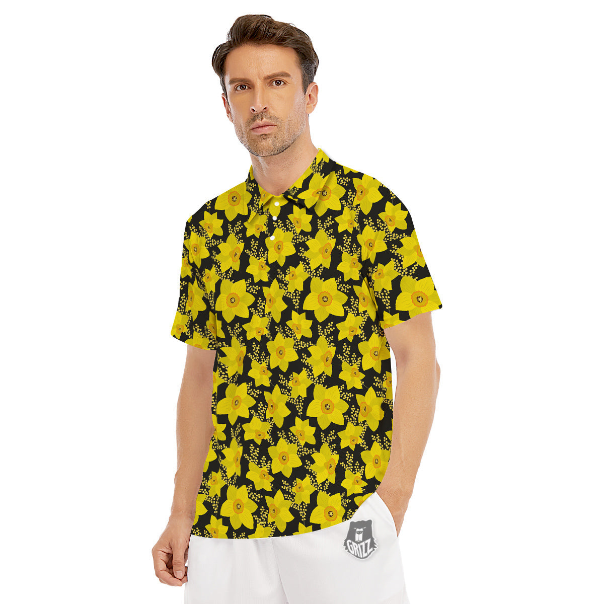 Mimosa And Daffodil Print Pattern Men's Golf Shirts-grizzshop