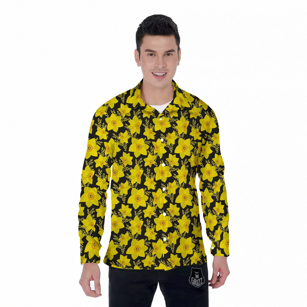Mimosa And Daffodil Print Pattern Men's Long Sleeve Shirts-grizzshop