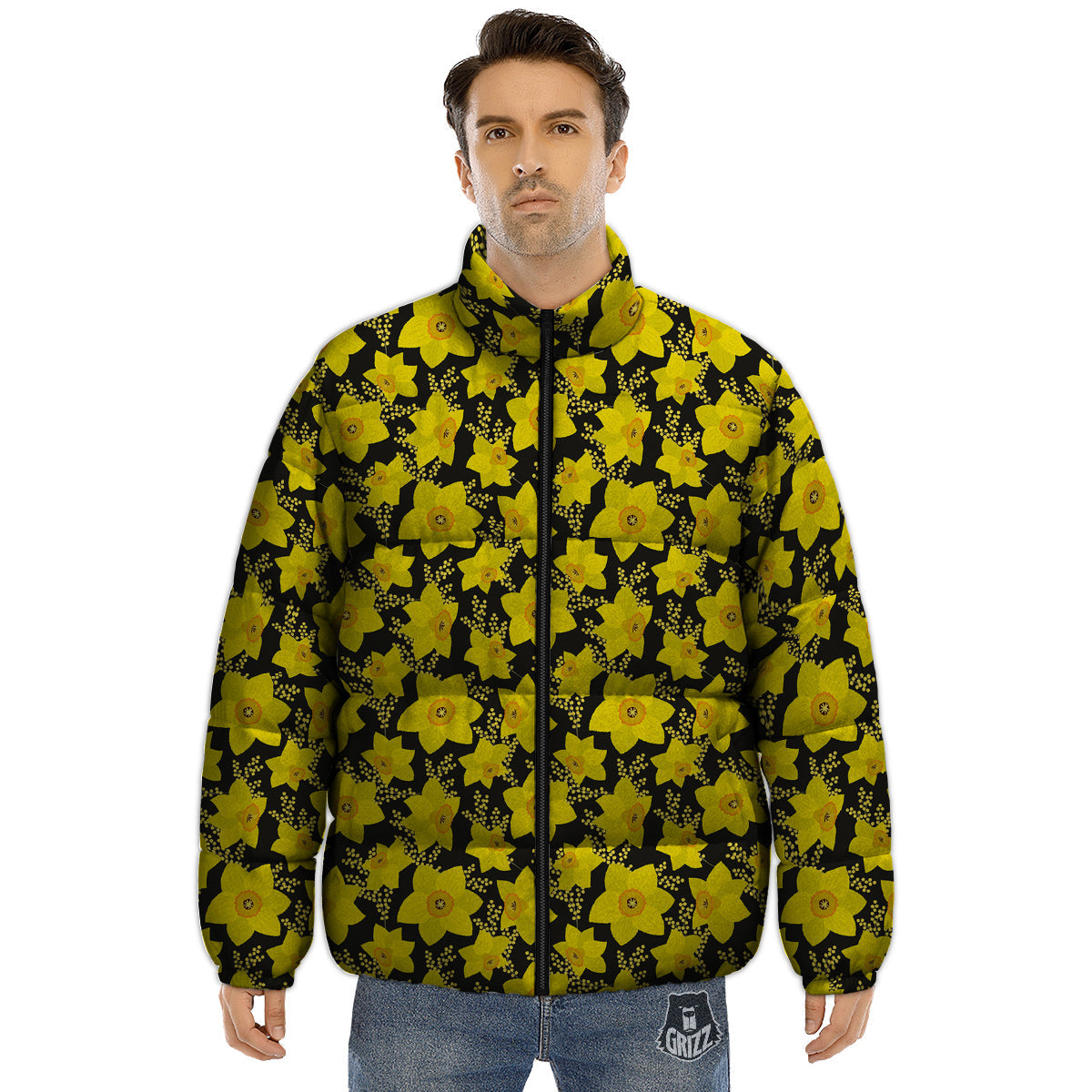 Mimosa And Daffodil Print Pattern Puffer Jacket-grizzshop