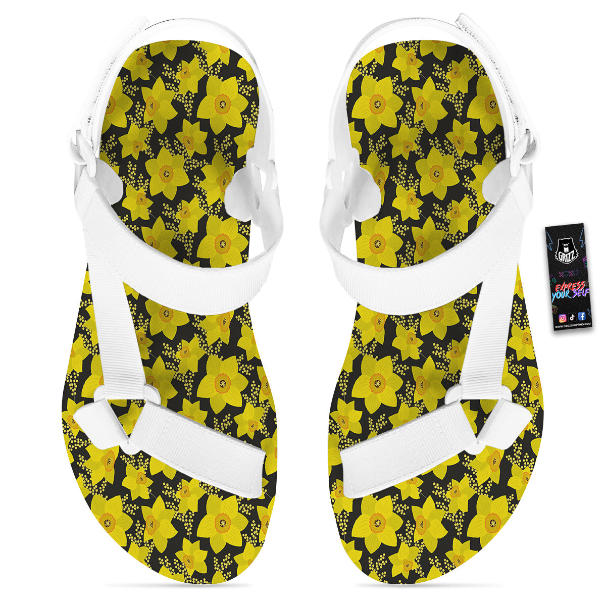 Mimosa And Daffodil Print Pattern White Open Toe Sandals-grizzshop