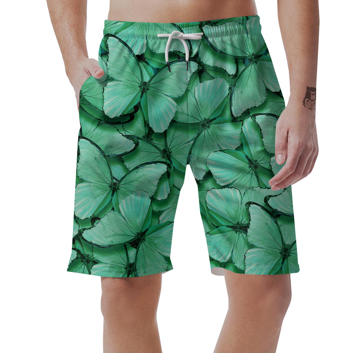 Mint Green Butterfly Print Men's Shorts-grizzshop