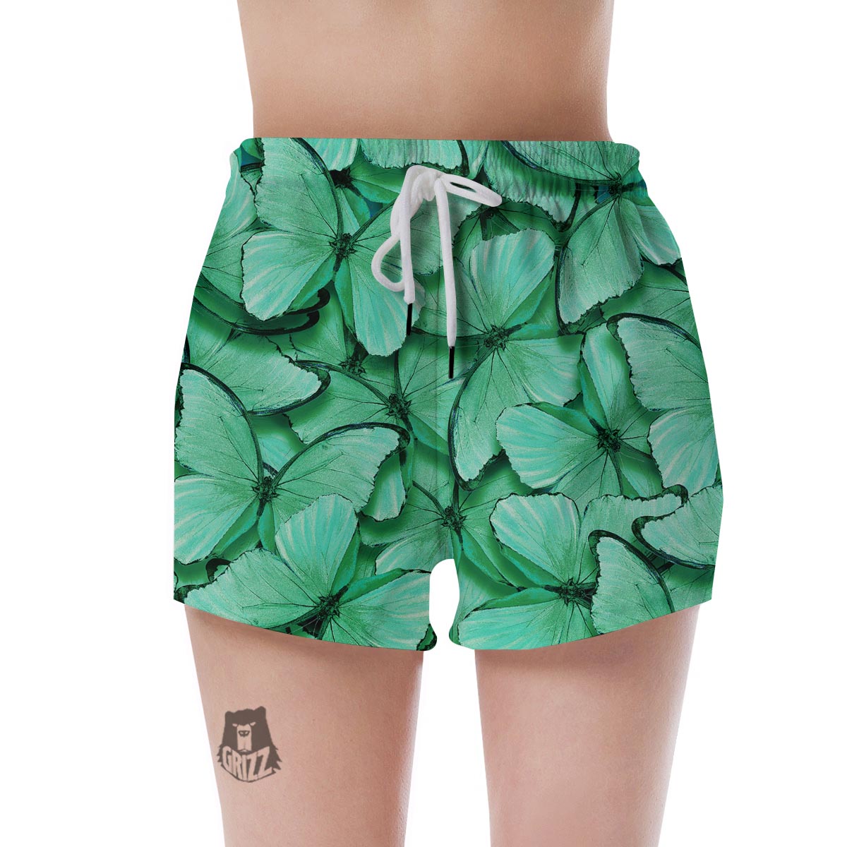 Mint Green Butterfly Print Women's Shorts-grizzshop