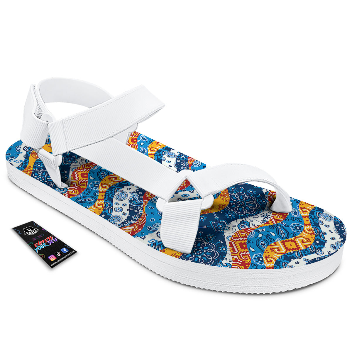Mix Bandanna Kerchief Print Pattern White Open Toe Sandals-grizzshop