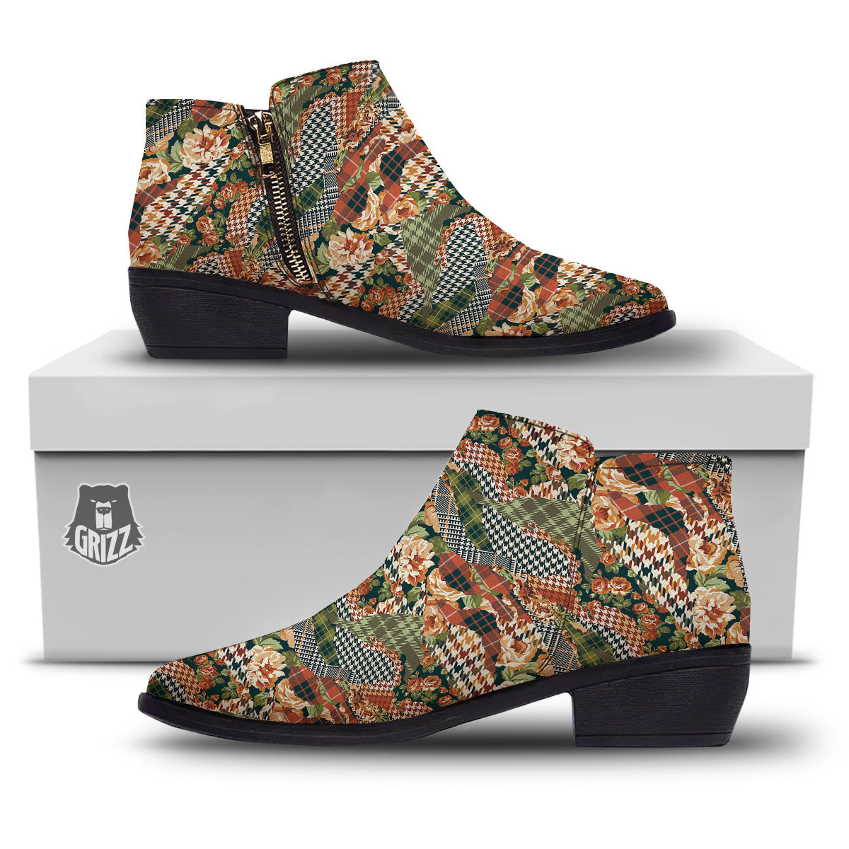 Mix Houndstooth Tartan Print Pattern Ankle Boots-grizzshop
