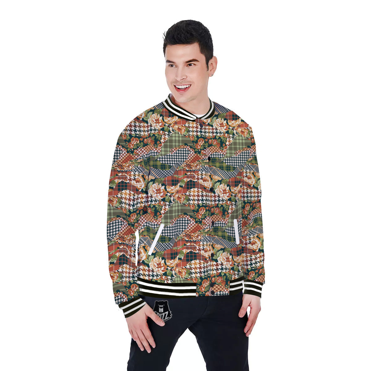 Mix Houndstooth Tartan Print Pattern Baseball Jacket-grizzshop