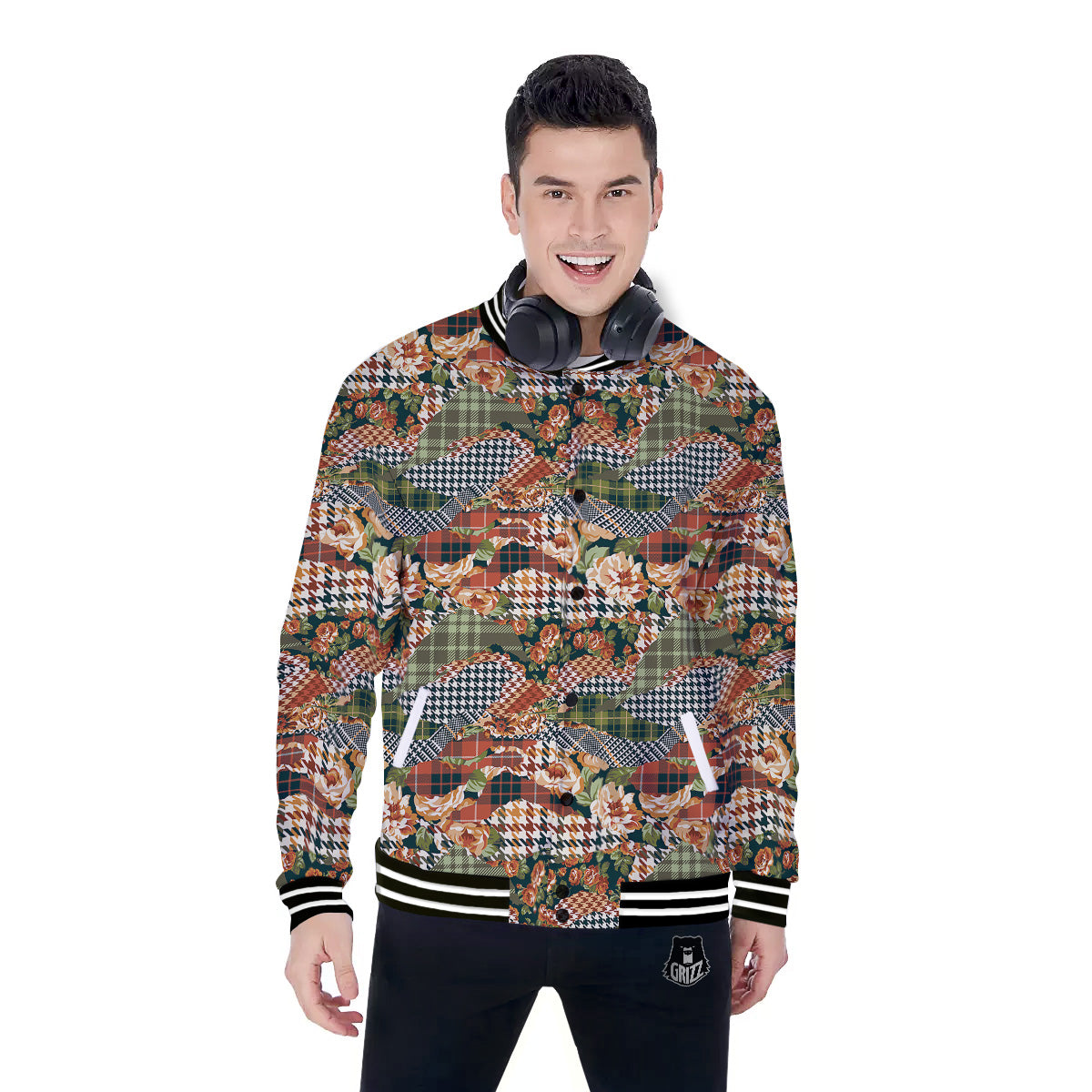 Mix Houndstooth Tartan Print Pattern Baseball Jacket-grizzshop