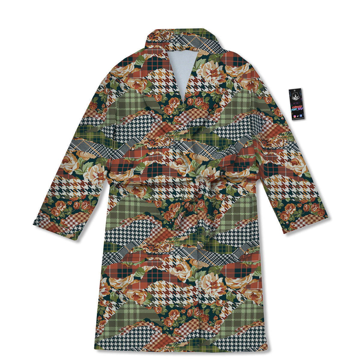 Mix Houndstooth Tartan Print Pattern Bathrobe-grizzshop