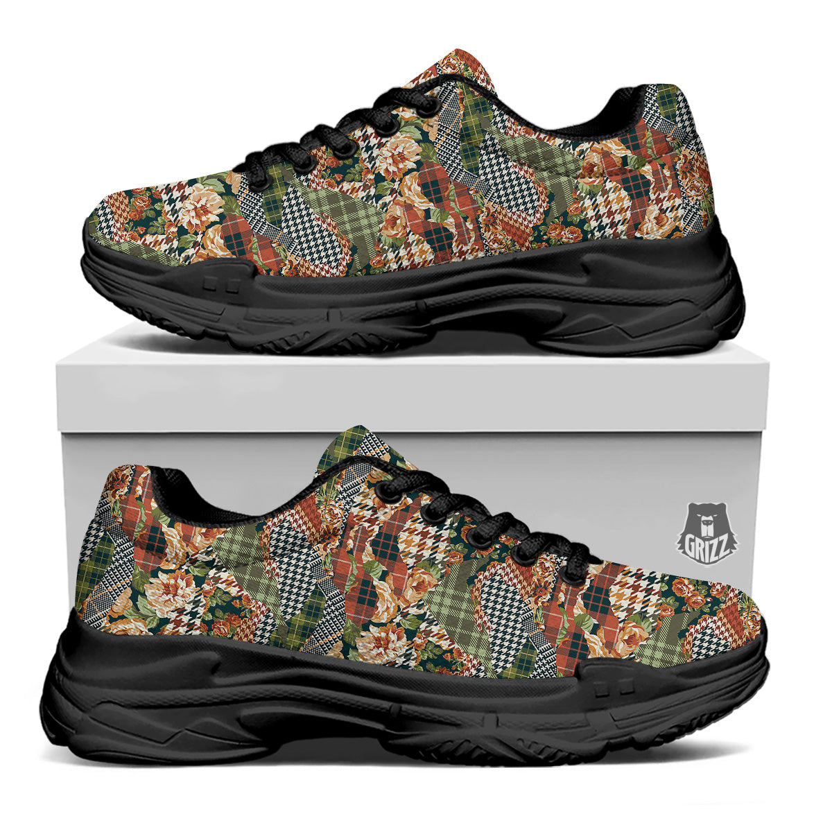 Mix Houndstooth Tartan Print Pattern Black Chunky Shoes-grizzshop