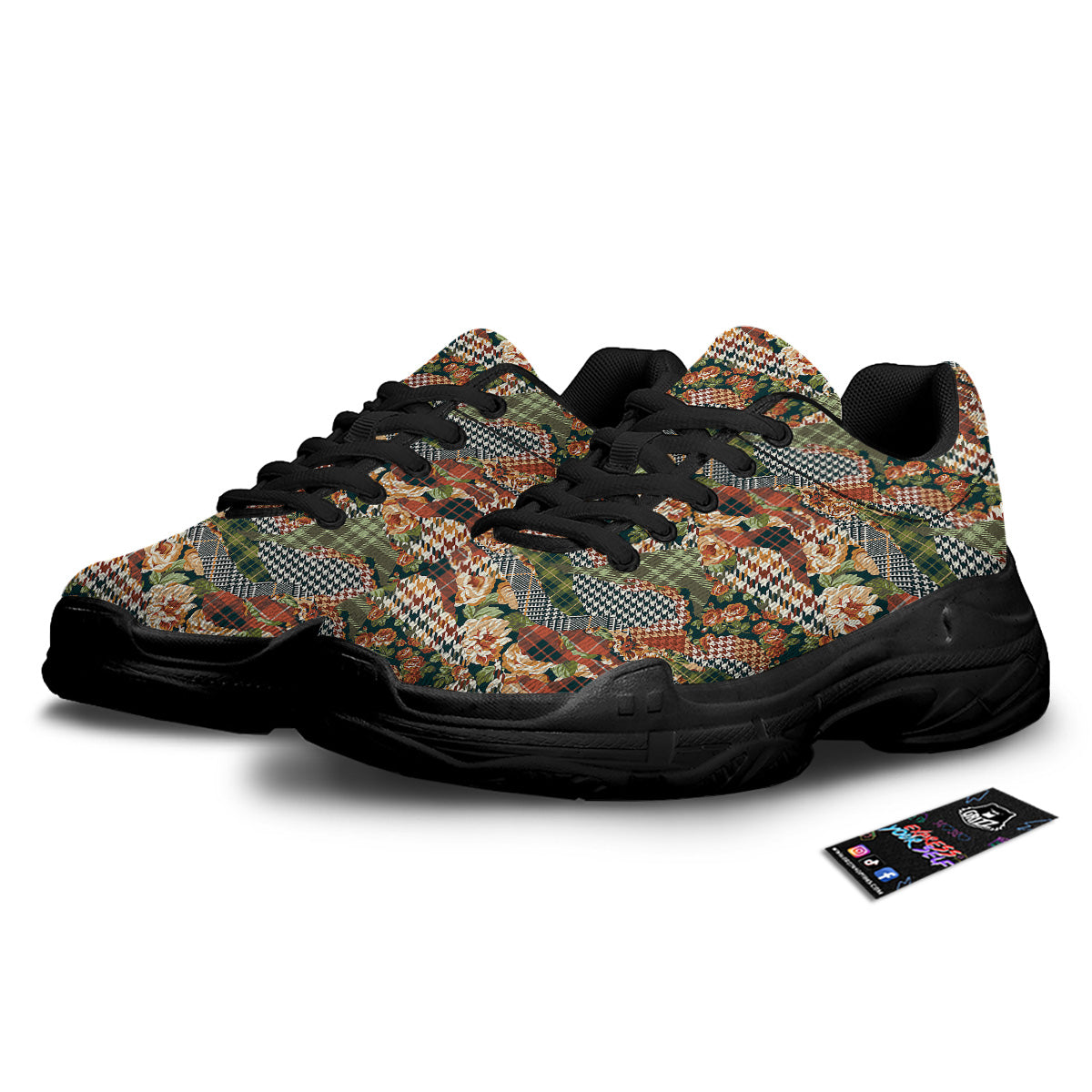 Mix Houndstooth Tartan Print Pattern Black Chunky Shoes-grizzshop