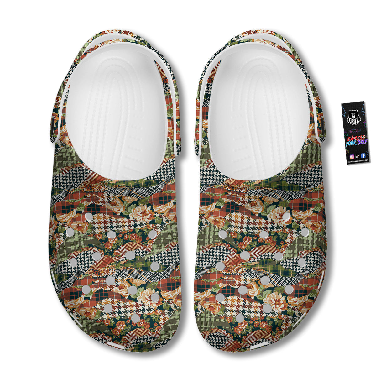 Mix Houndstooth Tartan Print Pattern Clog-grizzshop