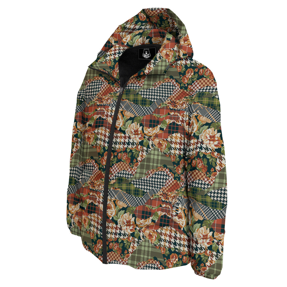 Mix Houndstooth Tartan Print Pattern Down Jacket-grizzshop