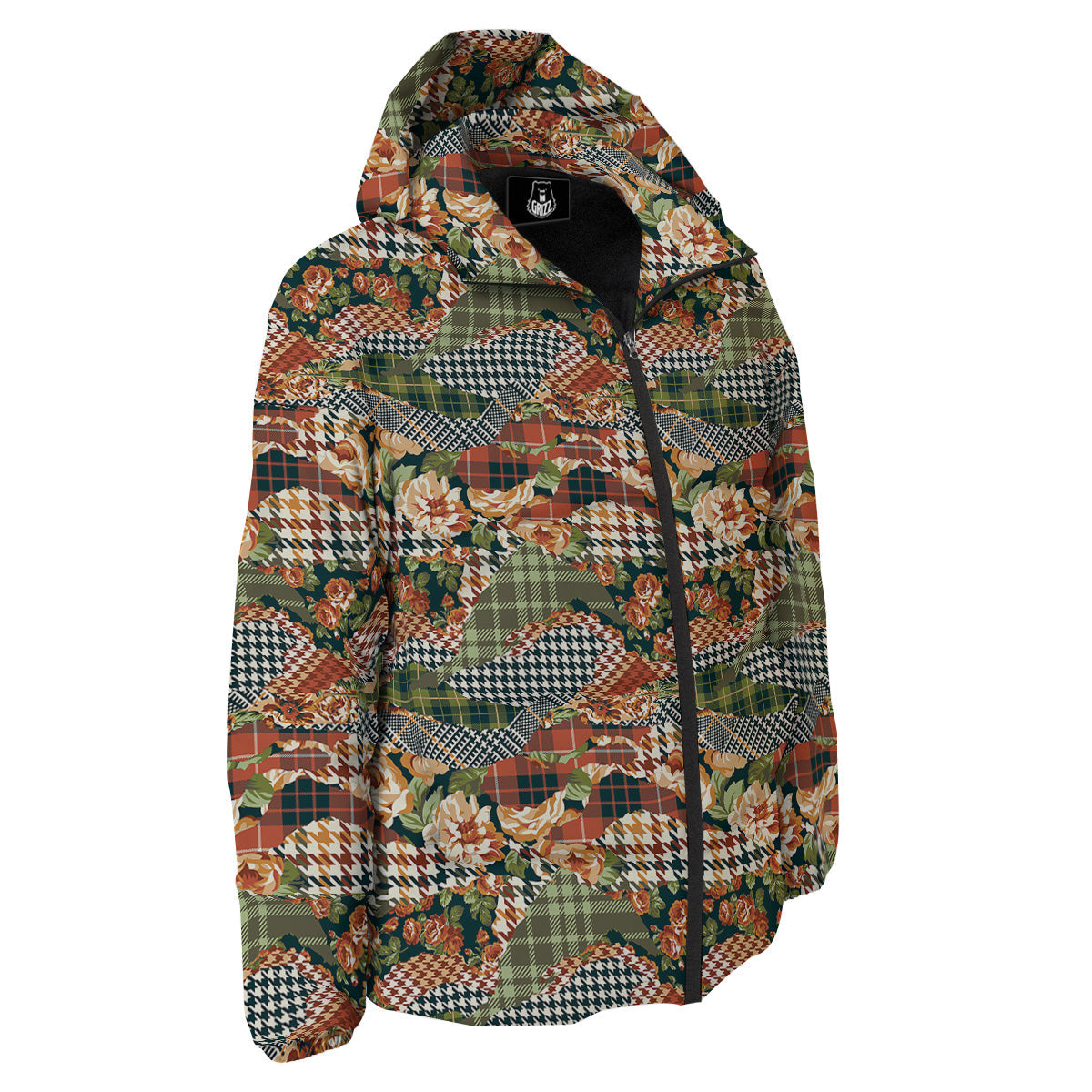 Mix Houndstooth Tartan Print Pattern Down Jacket-grizzshop