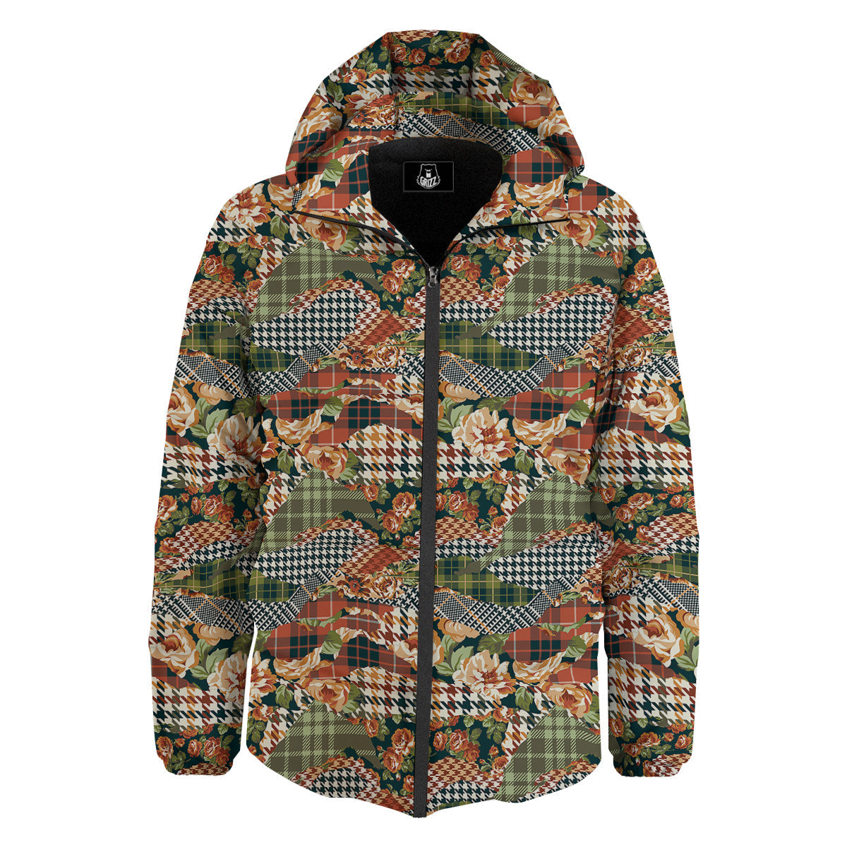 Mix Houndstooth Tartan Print Pattern Down Jacket-grizzshop