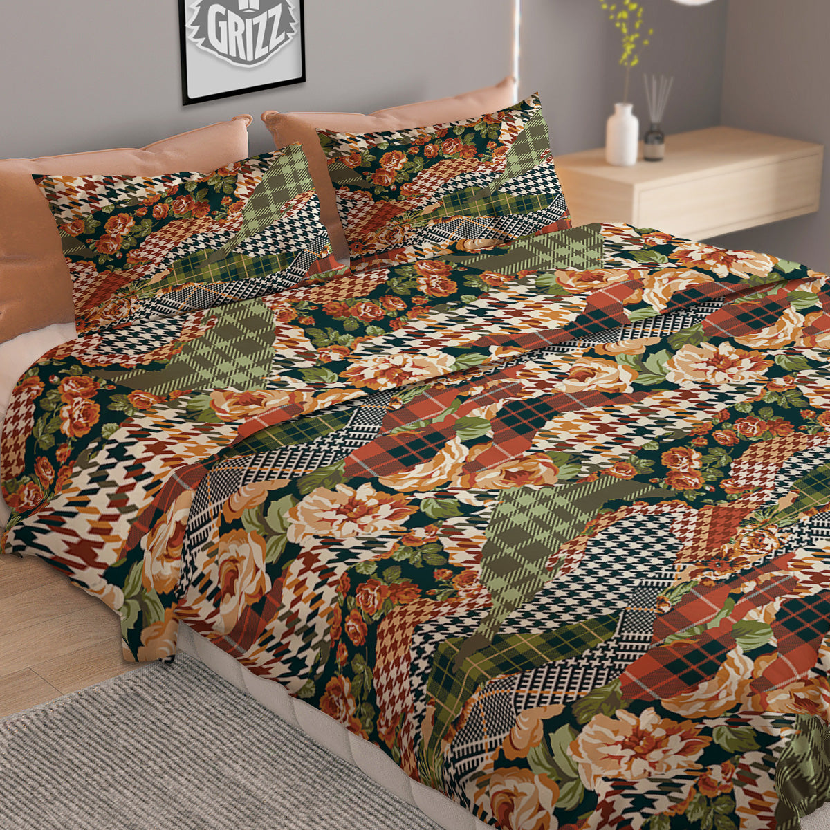Mix Houndstooth Tartan Print Pattern Duvet Cover Bedding Set