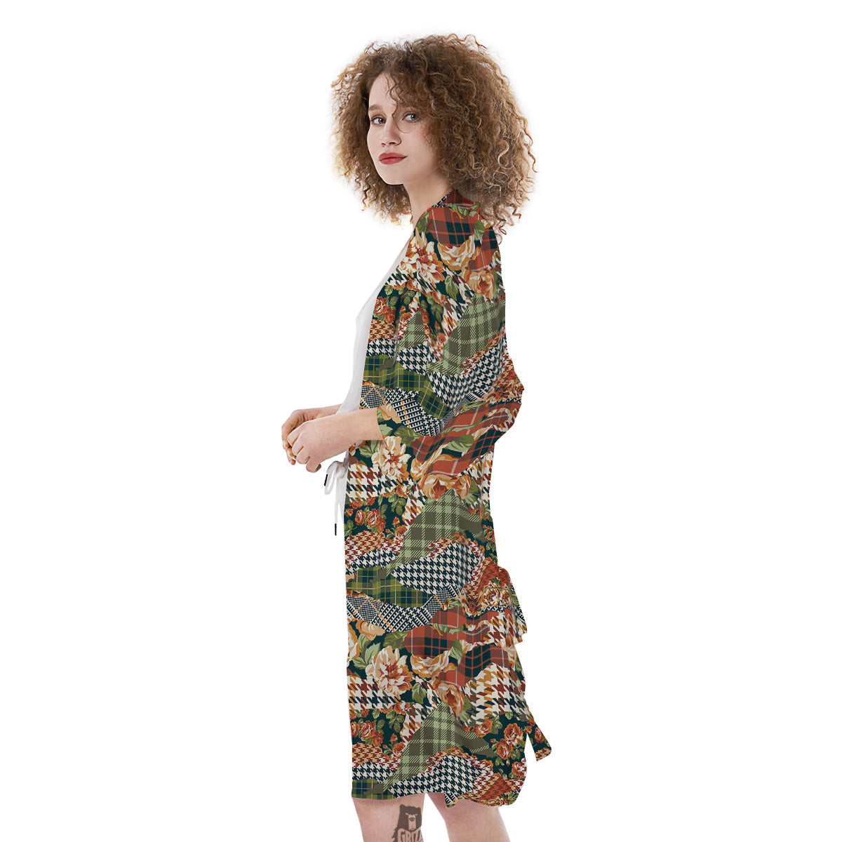 Mix Houndstooth Tartan Print Pattern Kimono-grizzshop
